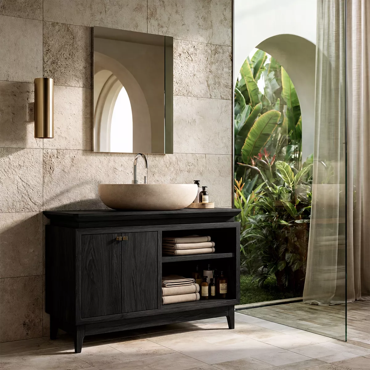 Freestanding Walnut Wood Bathroom Vanity With Hidden Cabinet And Open Shelf Storage