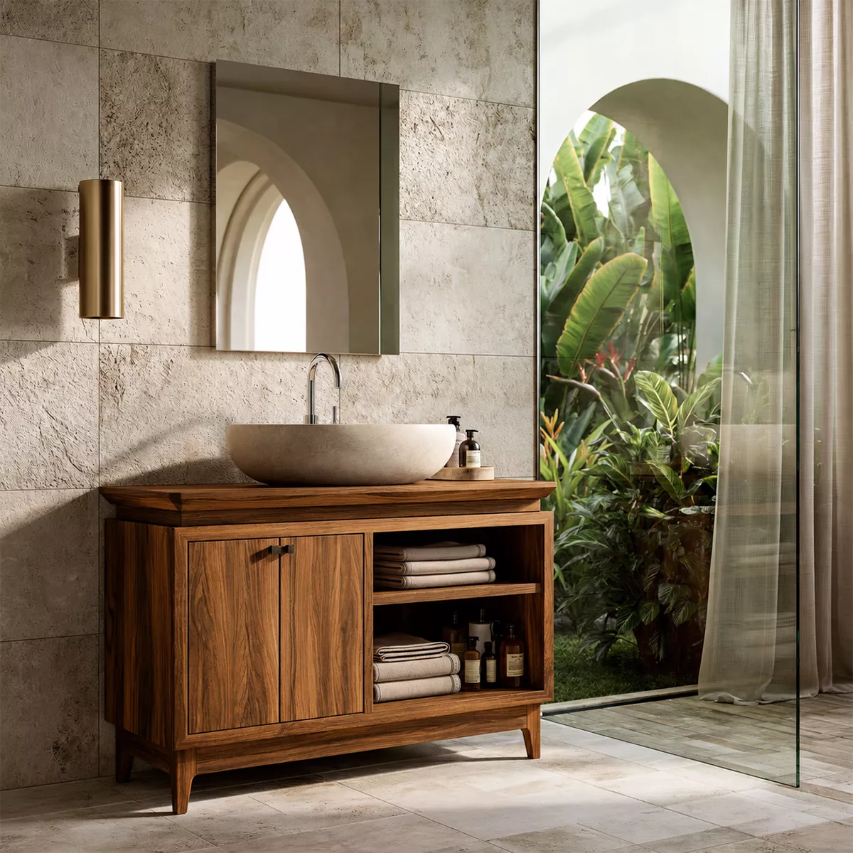 Freestanding Walnut Wood Bathroom Vanity With Hidden Cabinet And Open Shelf Storage