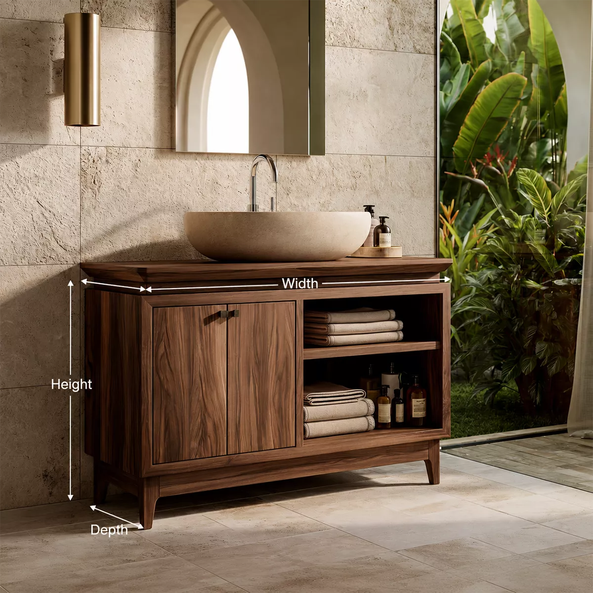 Freestanding Walnut Wood Bathroom Vanity With Hidden Cabinet And Open Shelf Storage