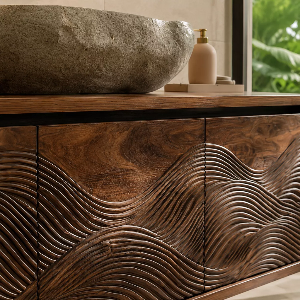 Floating Walnut Wood Bathroom Vanity With Carved Wave Front And Hidden Cabinet Storage