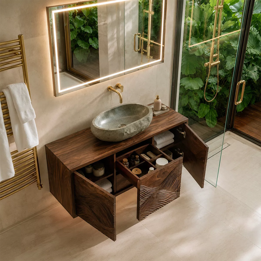 Floating Walnut Wood Bathroom Vanity With Carved Wave Front And Hidden Cabinet Storage
