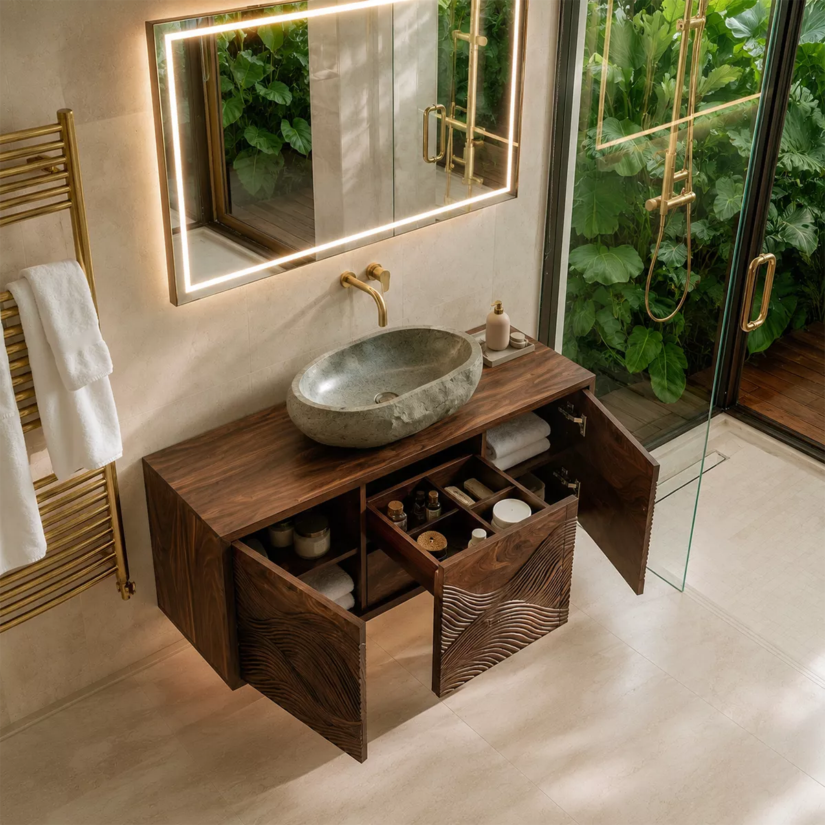 Floating Walnut Wood Bathroom Vanity With Carved Wave Front And Hidden Cabinet Storage