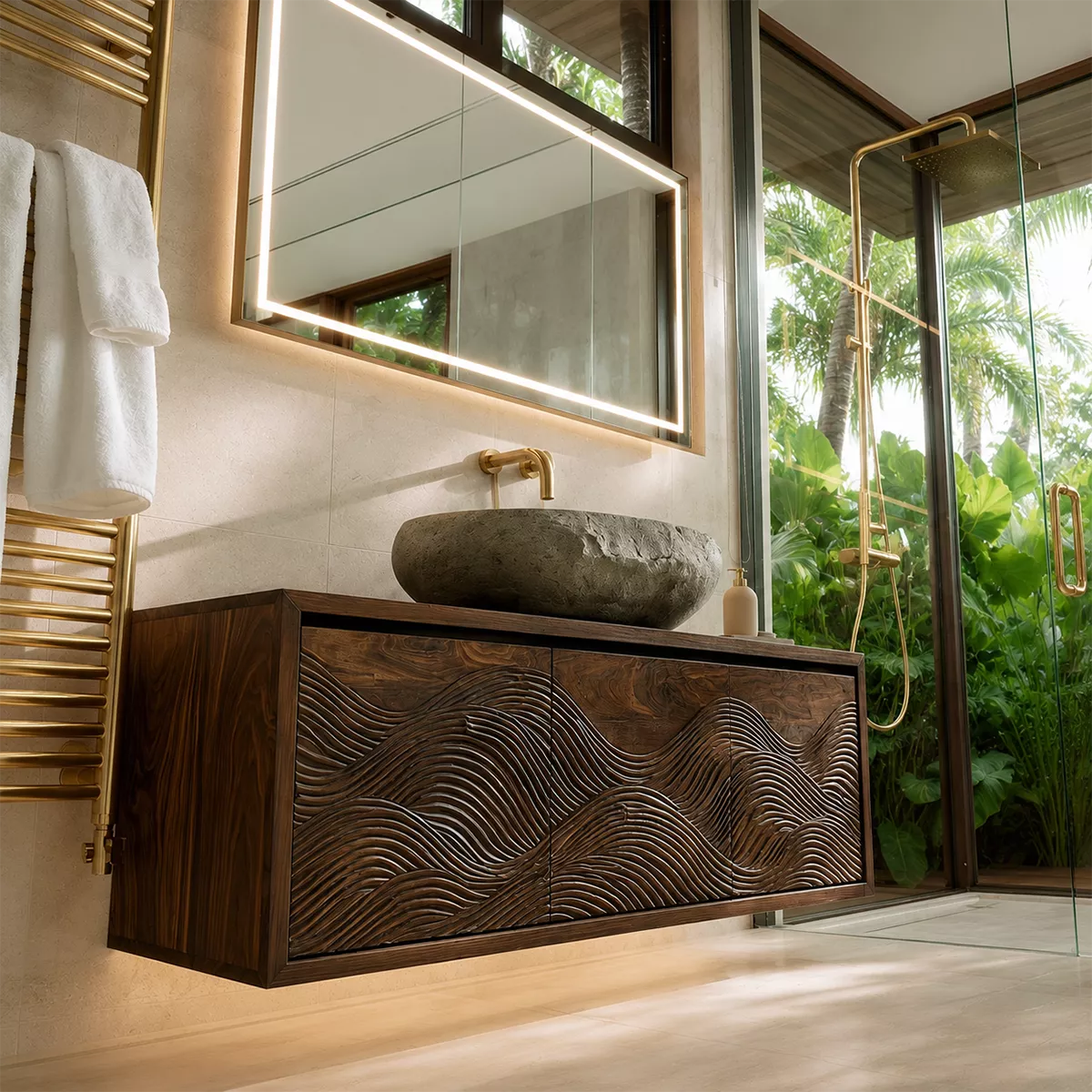 Floating Walnut Wood Bathroom Vanity With Carved Wave Front And Hidden Cabinet Storage