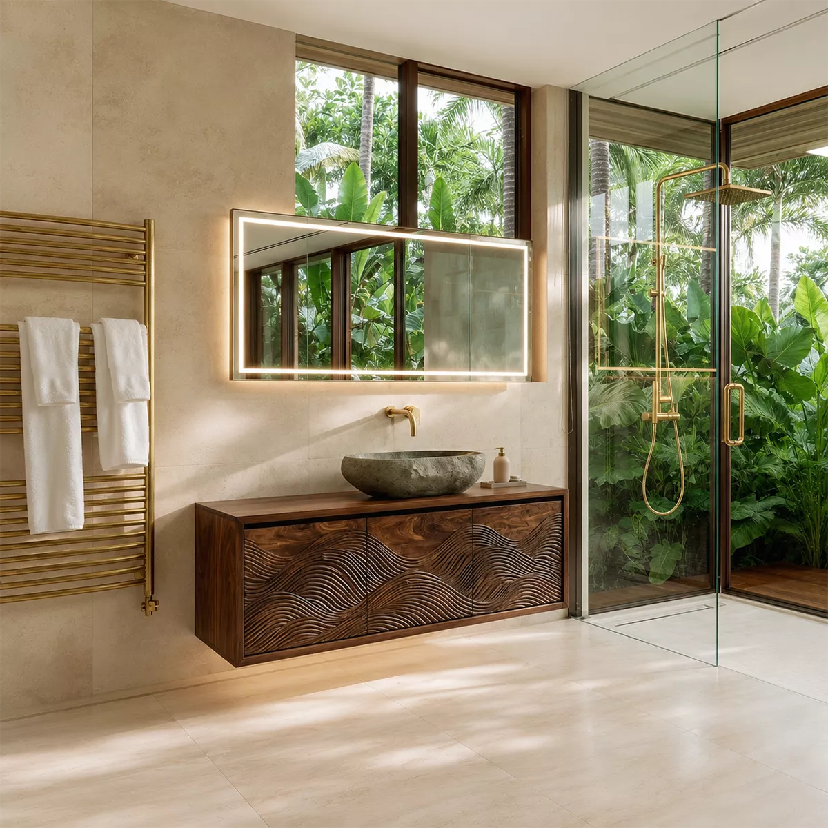 Floating Walnut Wood Bathroom Vanity With Carved Wave Front And Hidden Cabinet Storage