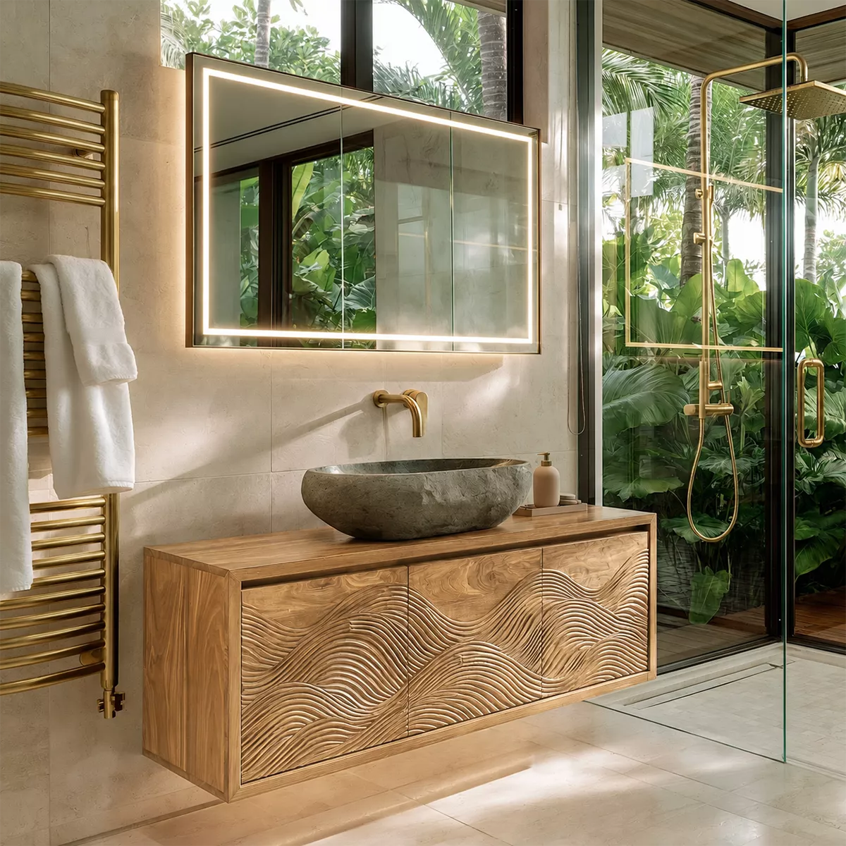 Floating Walnut Wood Bathroom Vanity With Carved Wave Front And Hidden Cabinet Storage