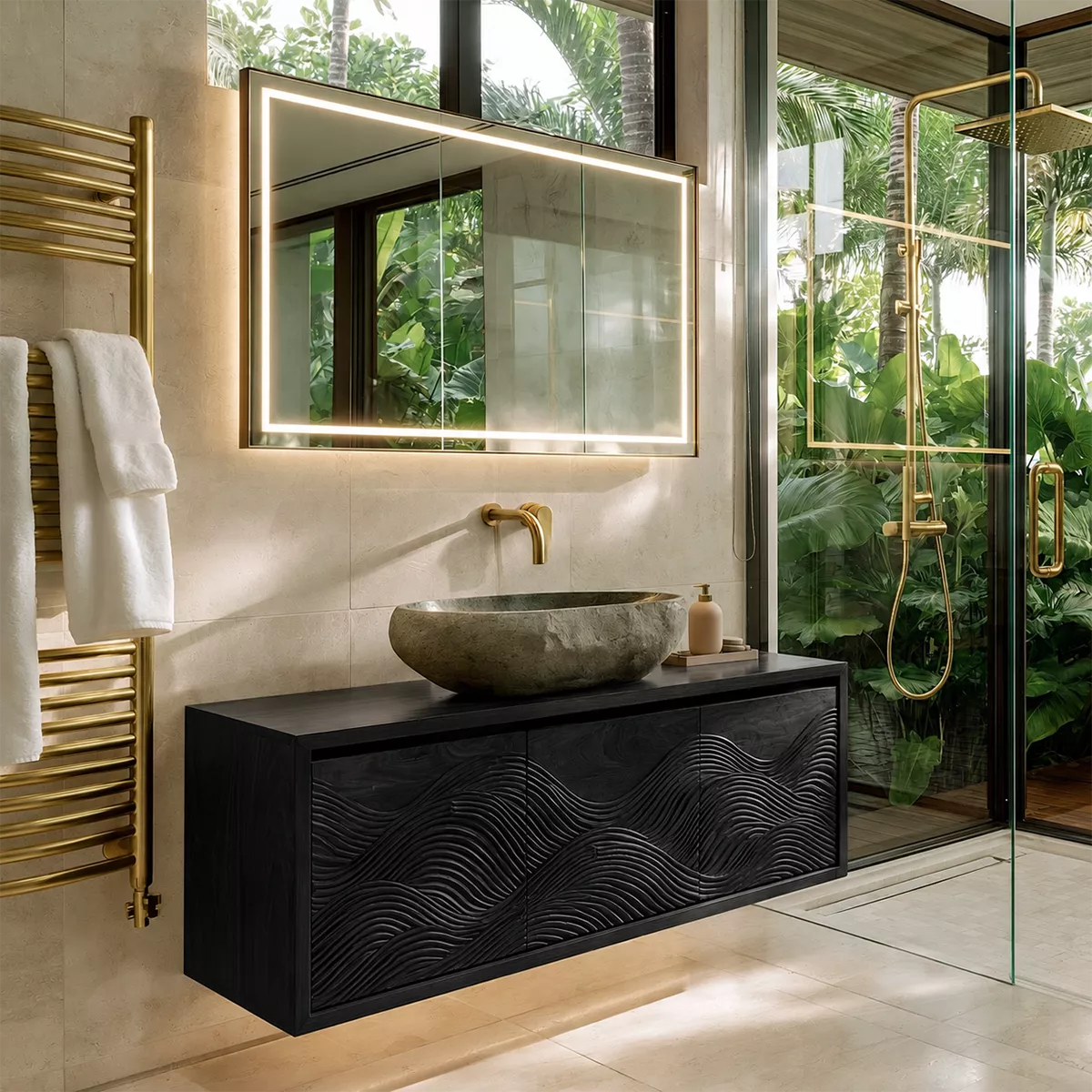 Floating Walnut Wood Bathroom Vanity With Carved Wave Front And Hidden Cabinet Storage