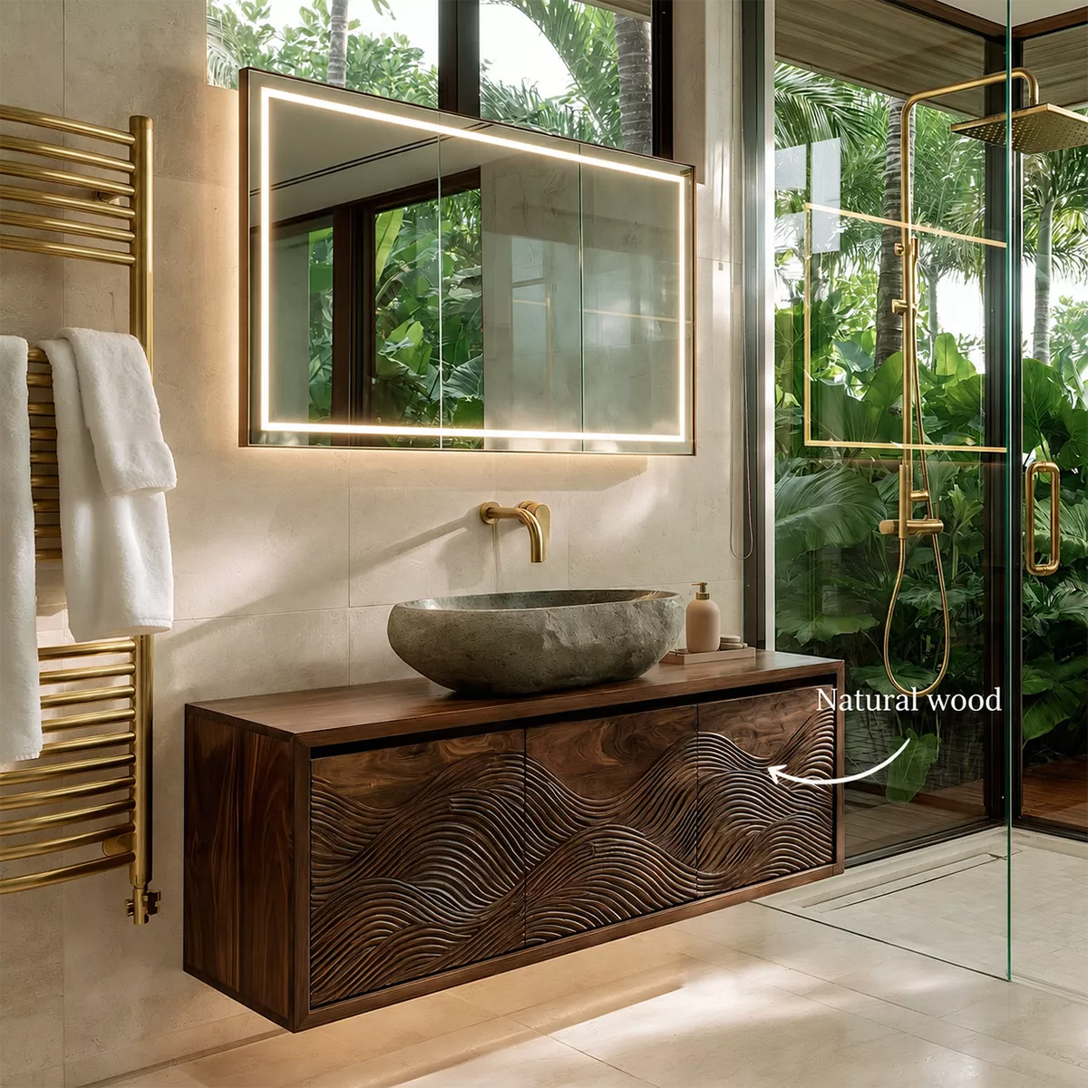Floating Walnut Wood Bathroom Vanity With Carved Wave Front And Hidden Cabinet Storage
