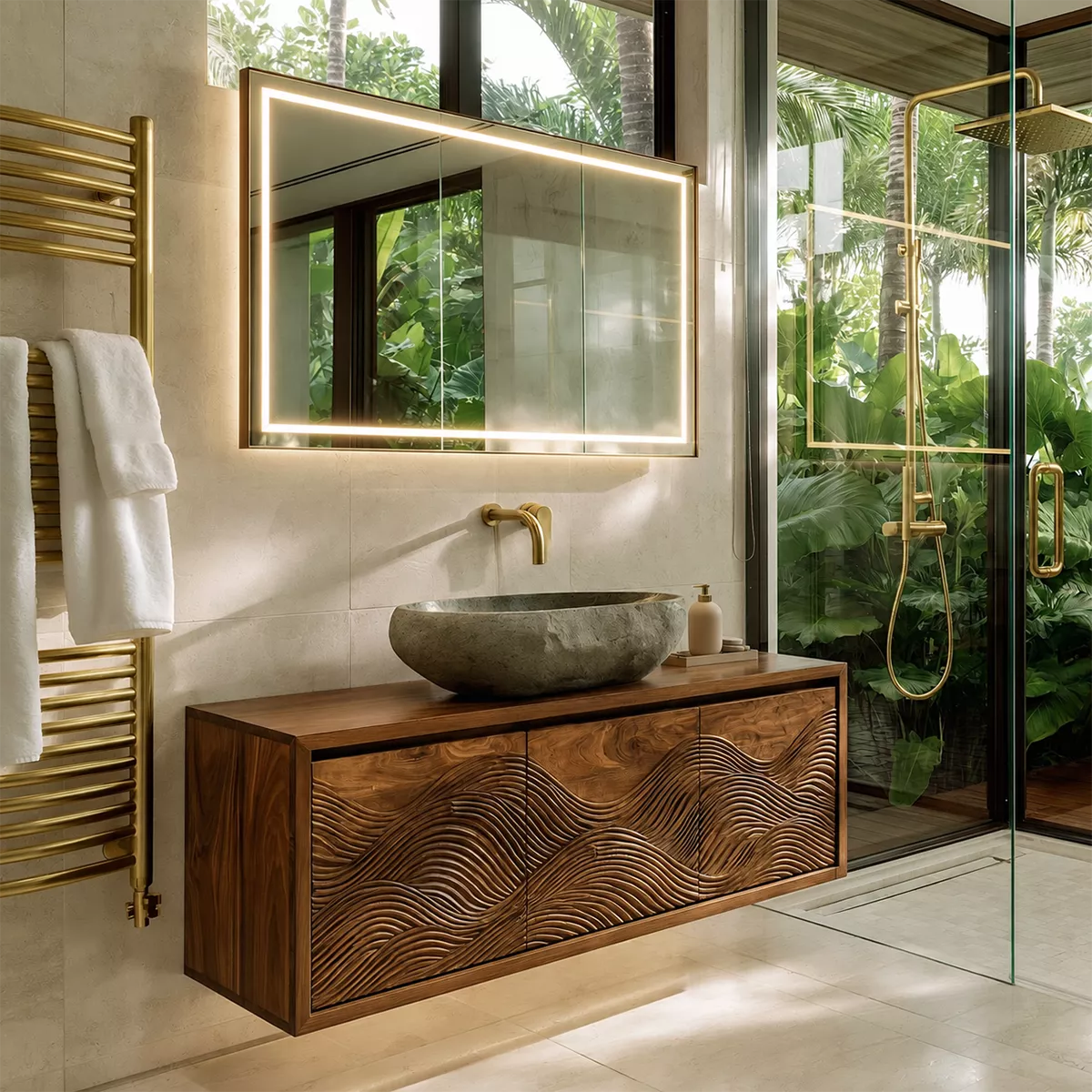 Floating Walnut Wood Bathroom Vanity With Carved Wave Front And Hidden Cabinet Storage