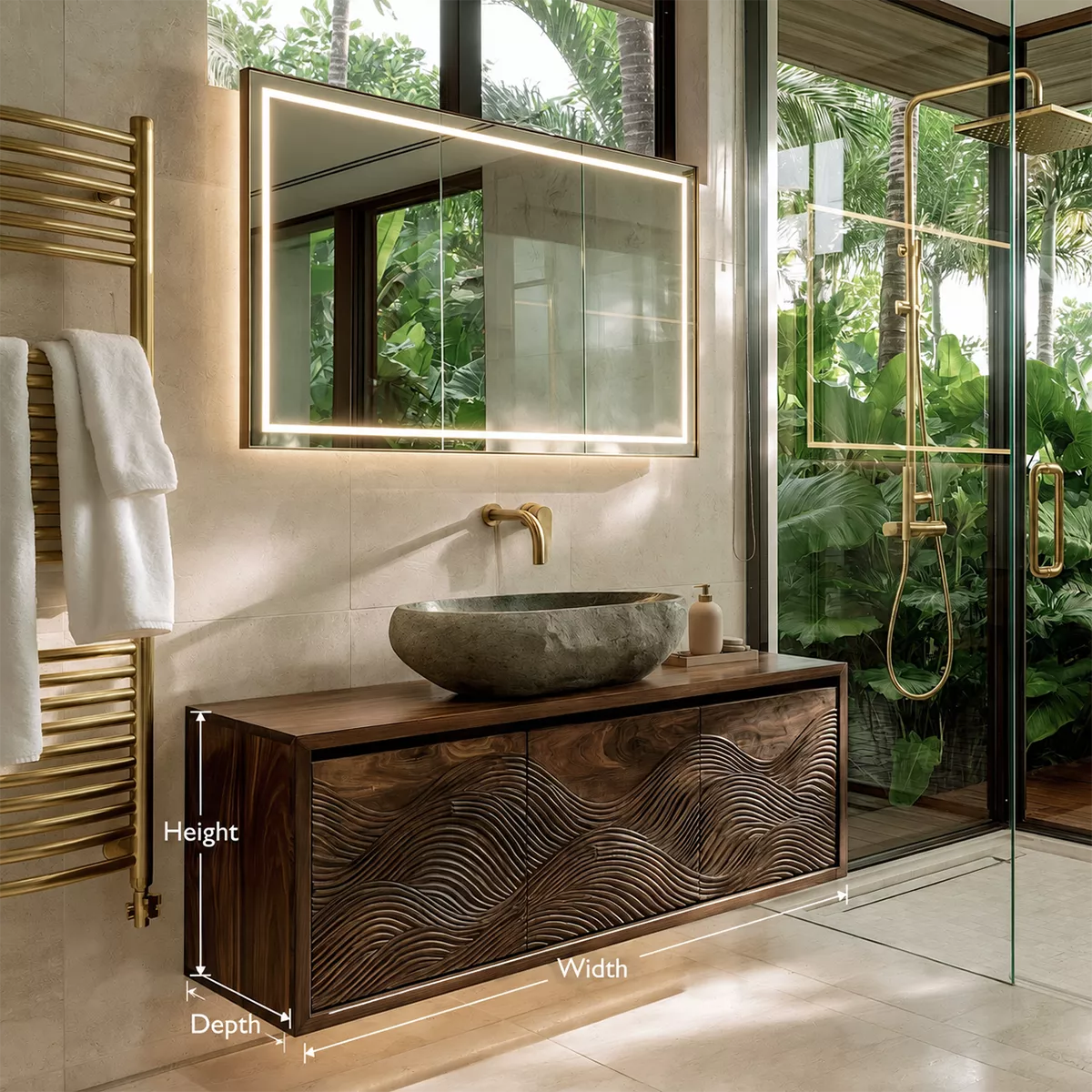 Floating Walnut Wood Bathroom Vanity With Carved Wave Front And Hidden Cabinet Storage