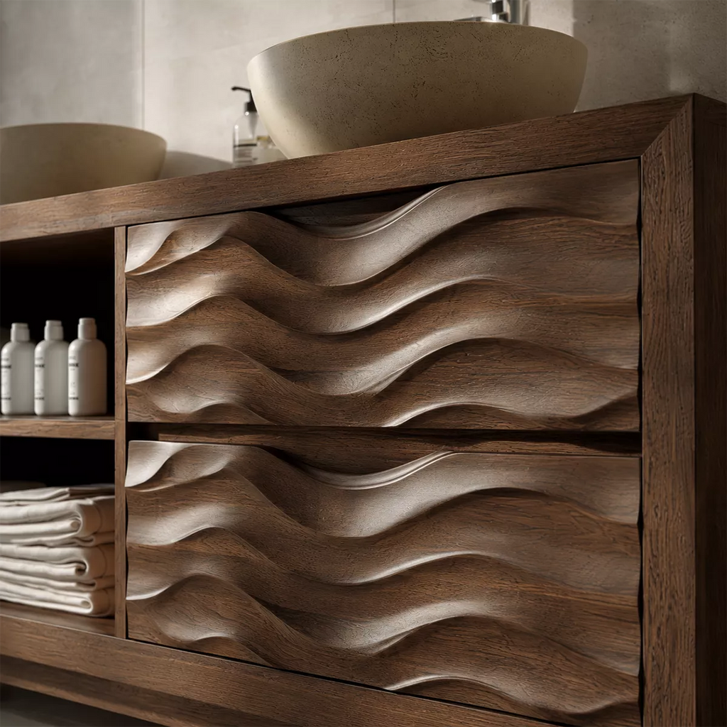 Double Sink Solid Wood Bathroom Vanity With Open Shelf And Carved Wave Drawer Storage