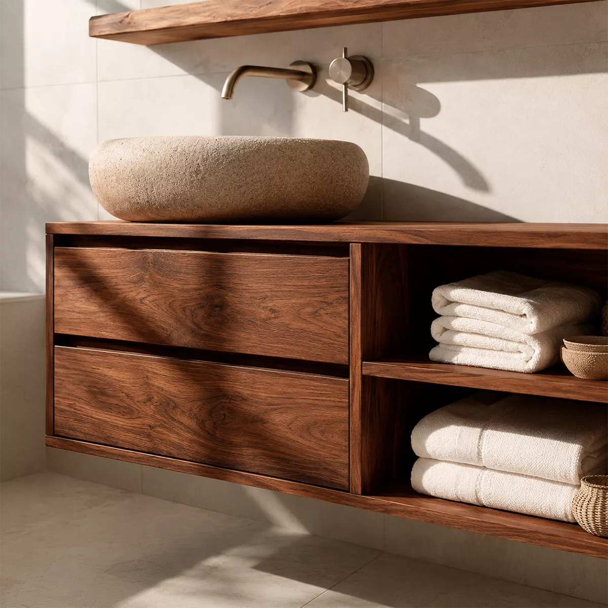 Floating Solid Wood Bathroom Vanity With Drawer Storage And Open Towel Shelves