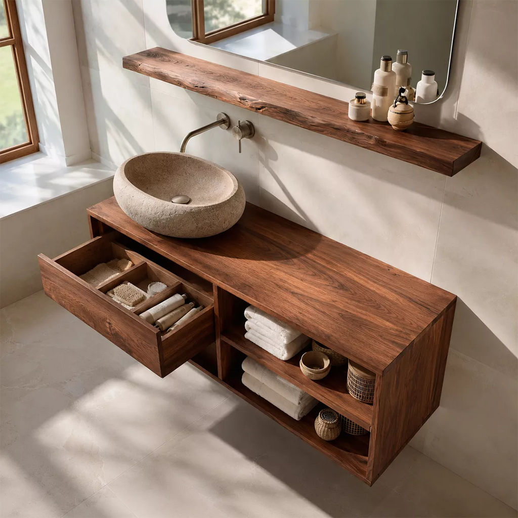 Floating Solid Wood Bathroom Vanity With Drawer Storage And Open Towel Shelves