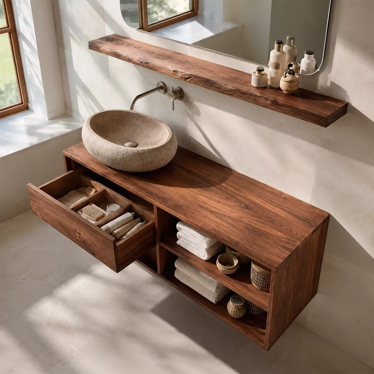 Floating Solid Wood Bathroom Vanity With Drawer Storage And Open Towel Shelves