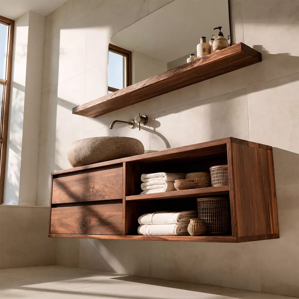 Floating Solid Wood Bathroom Vanity With Drawer Storage And Open Towel Shelves
