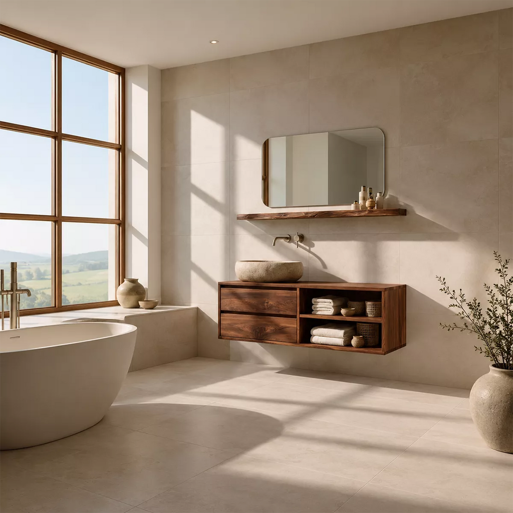 Floating Solid Wood Bathroom Vanity With Drawer Storage And Open Towel Shelves