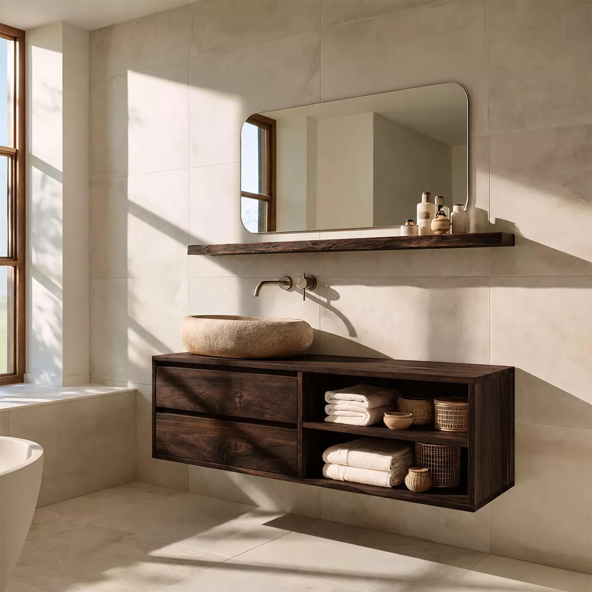 Floating Solid Wood Bathroom Vanity With Drawer Storage And Open Towel Shelves