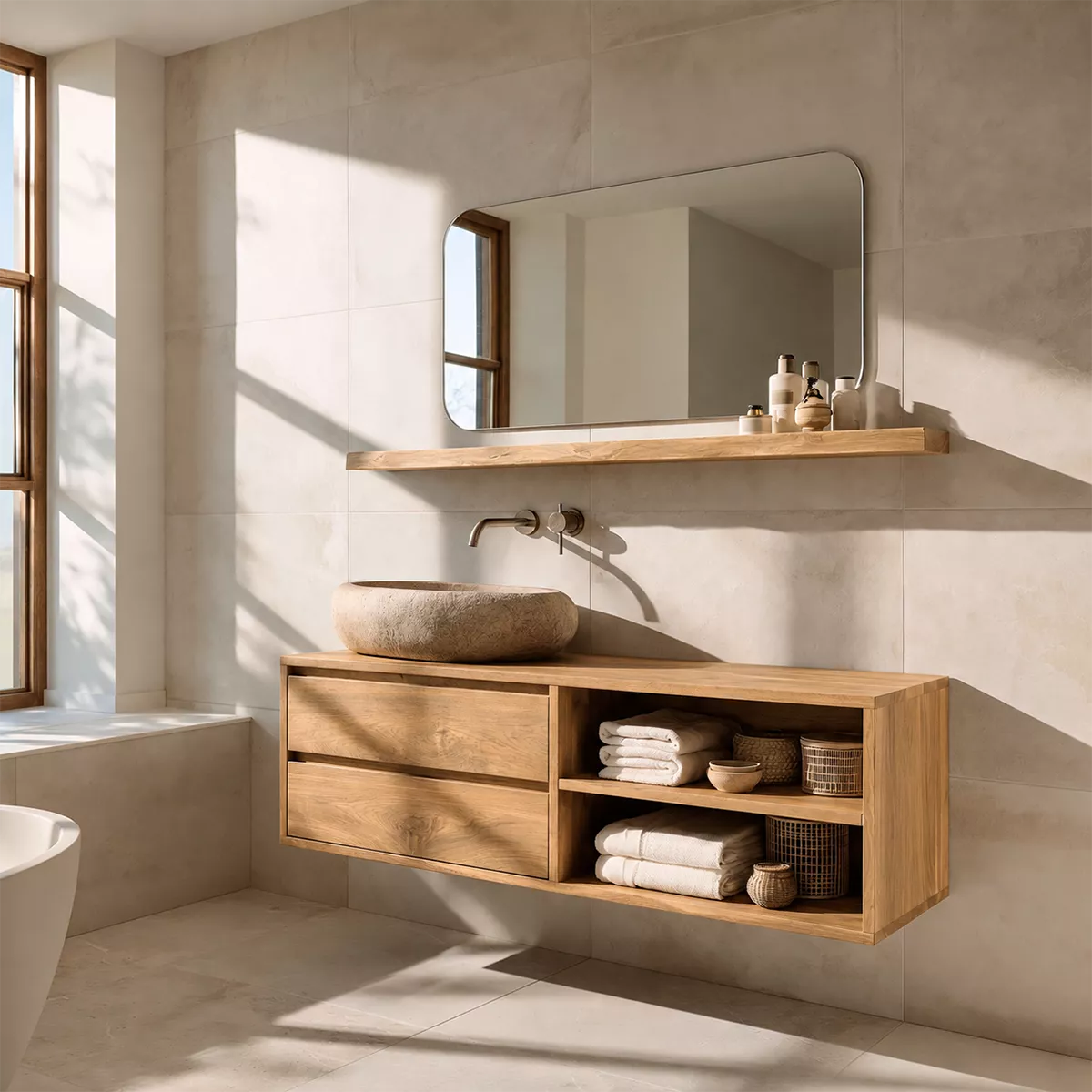 Floating Solid Wood Bathroom Vanity With Drawer Storage And Open Towel Shelves