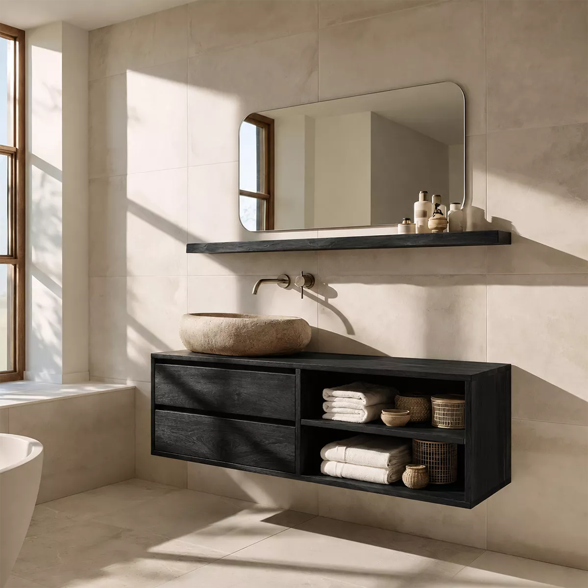 Floating Solid Wood Bathroom Vanity With Drawer Storage And Open Towel Shelves