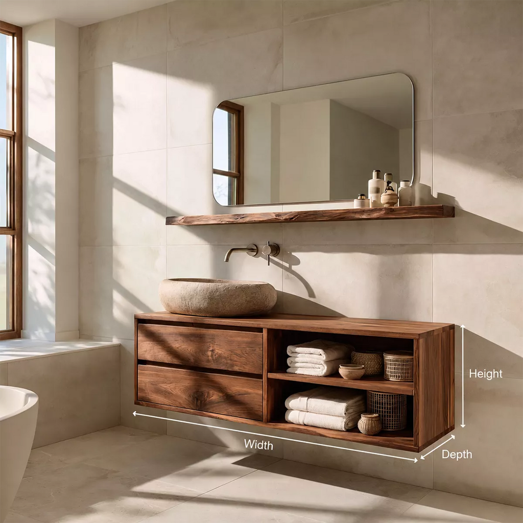 Floating Solid Wood Bathroom Vanity With Drawer Storage And Open Towel Shelves