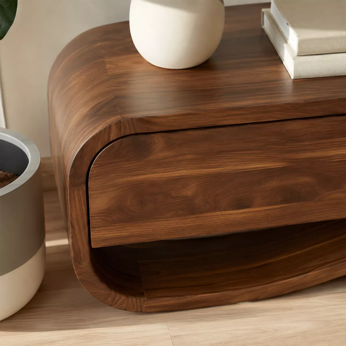 Modern Sculptural Solid Wood TV Stand With Rounded Frame For Living Room