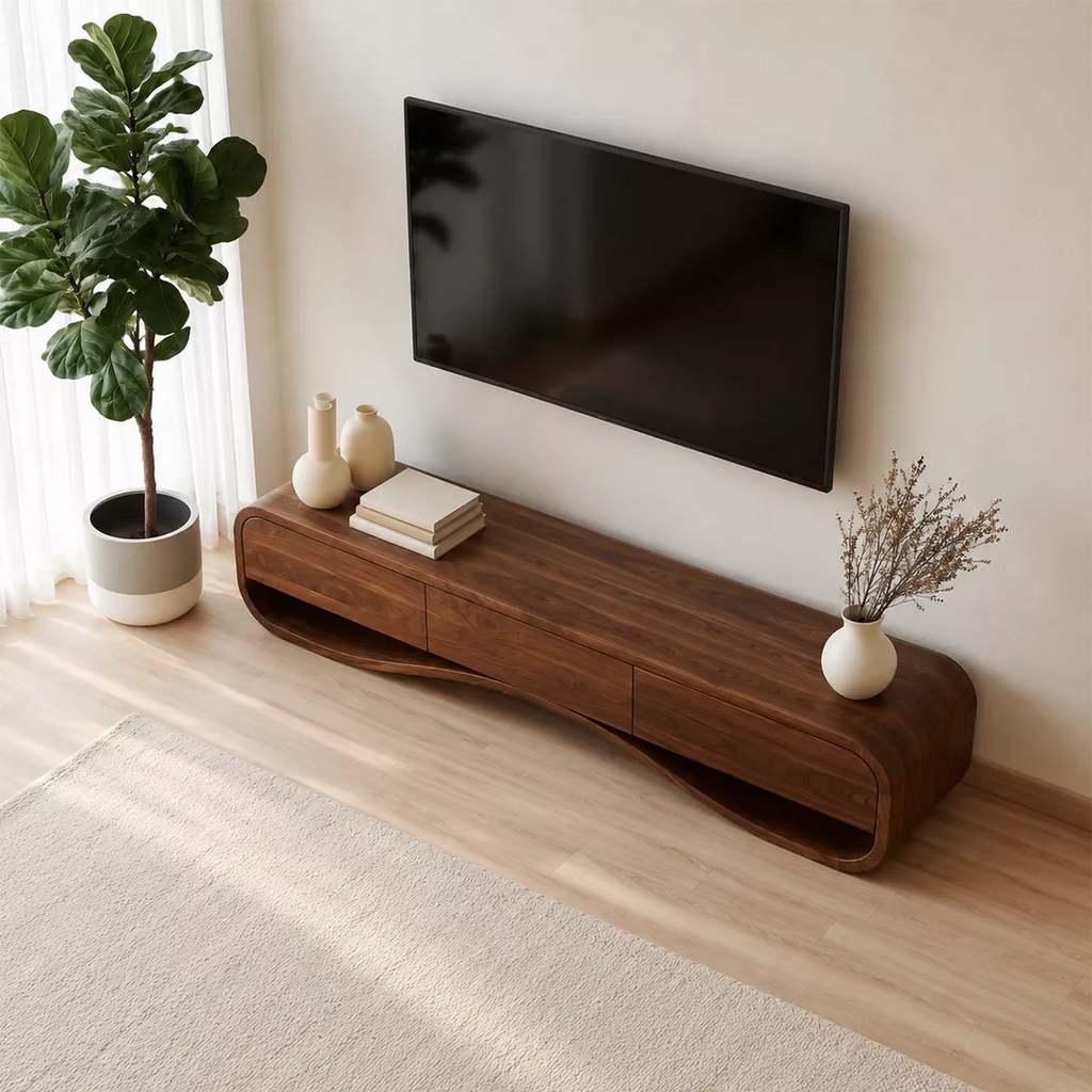 Modern Sculptural Solid Wood TV Stand With Rounded Frame For Living Room