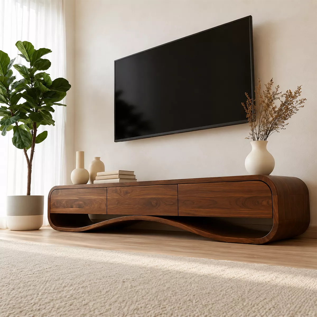 Modern Sculptural Solid Wood TV Stand With Rounded Frame For Living Room