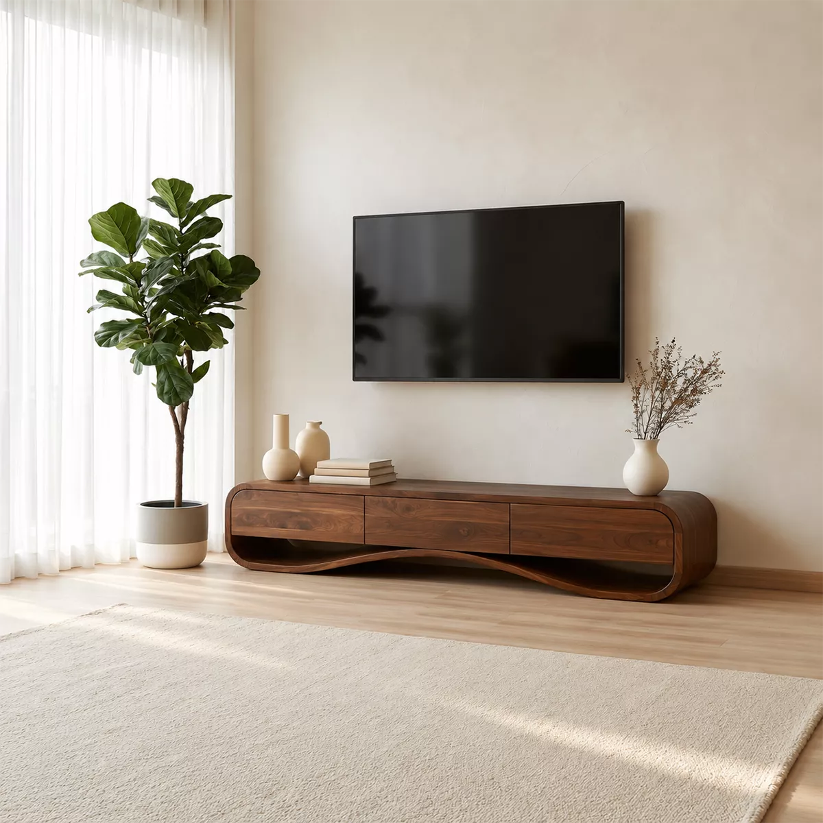 Modern Sculptural Solid Wood TV Stand With Rounded Frame For Living Room