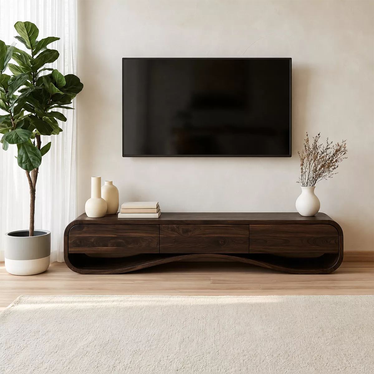 Modern Sculptural Solid Wood TV Stand With Rounded Frame For Living Room