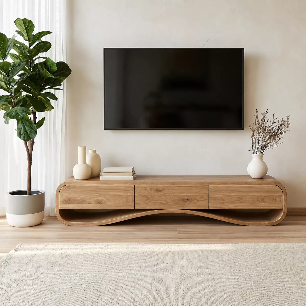 Modern Sculptural Solid Wood TV Stand With Rounded Frame For Living Room