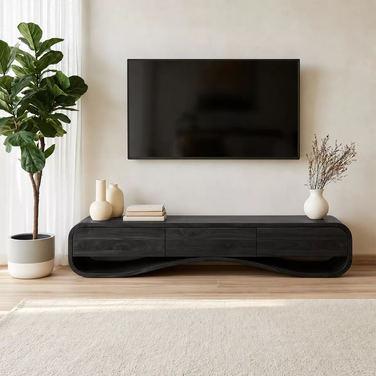 Modern Sculptural Solid Wood TV Stand With Rounded Frame For Living Room