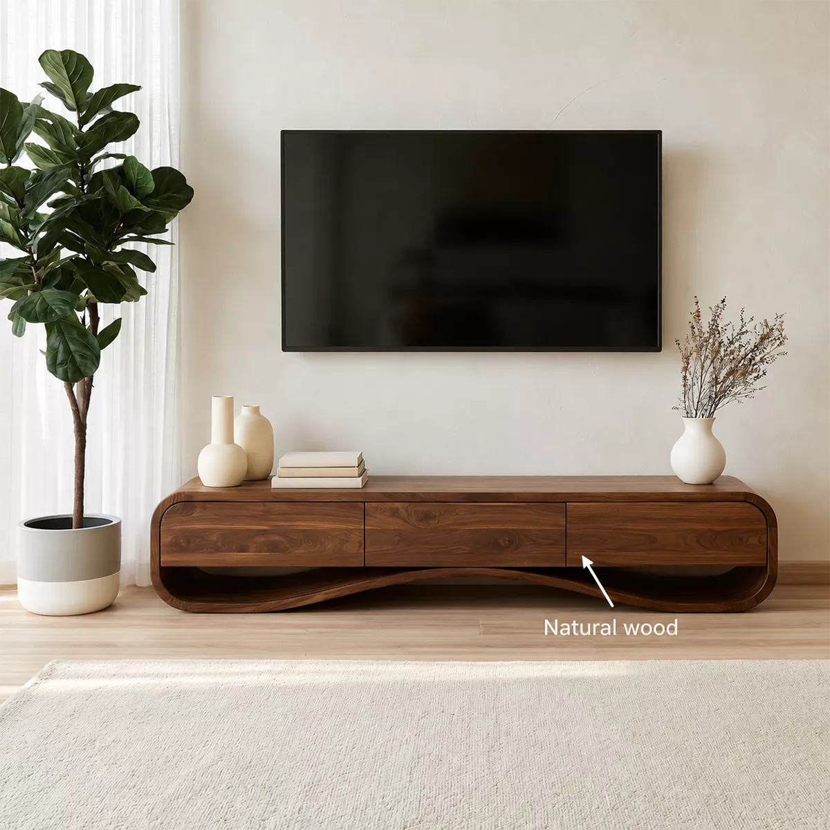 Modern Sculptural Solid Wood TV Stand With Rounded Frame For Living Room