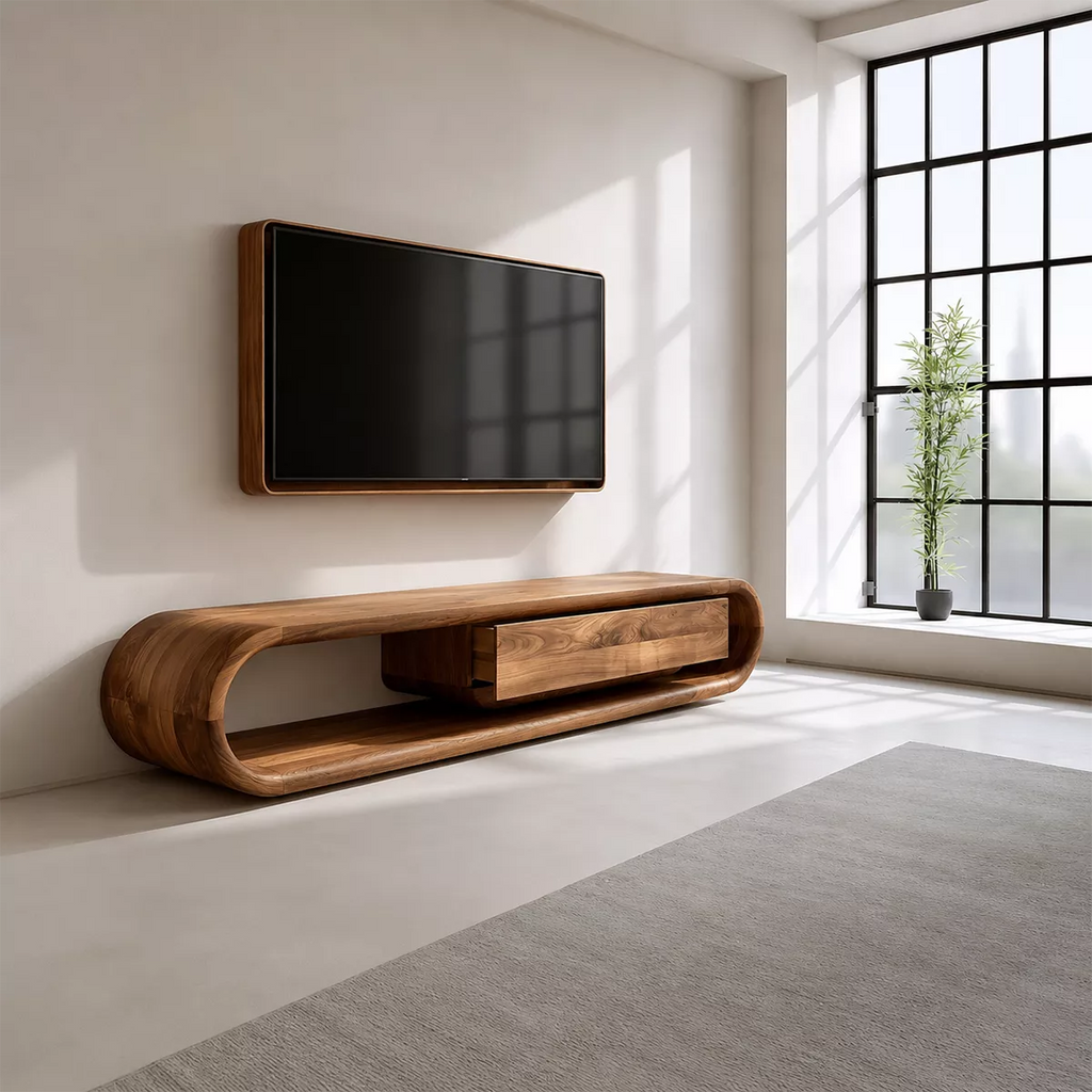 Sculptural Solid Wood TV Stand With Rounded Frame And Pull Out Drawer For Living Room