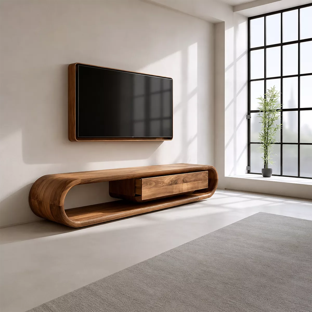 Sculptural Solid Wood TV Stand With Rounded Frame And Pull Out Drawer For Living Room