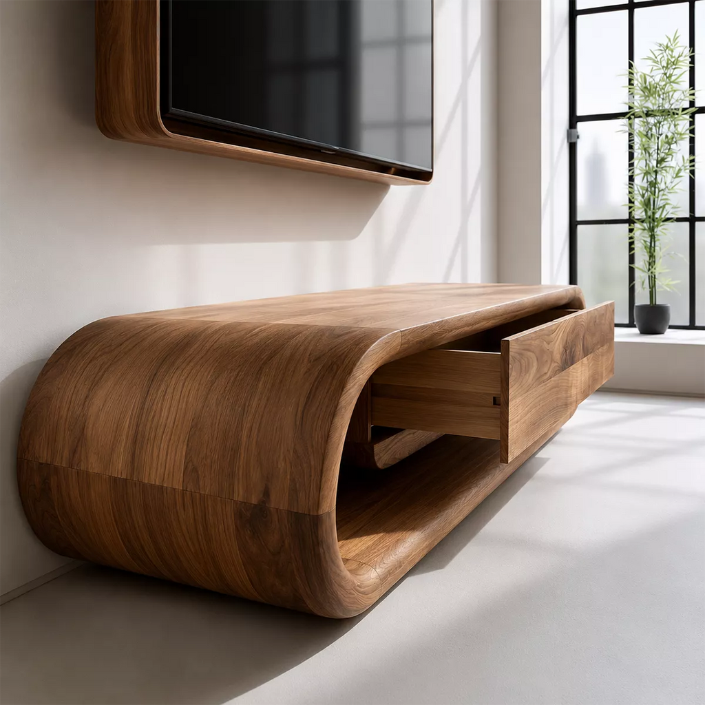 Sculptural Solid Wood TV Stand With Rounded Frame And Pull Out Drawer For Living Room