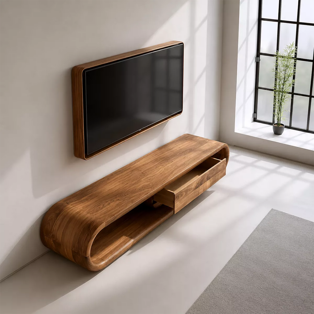 Sculptural Solid Wood TV Stand With Rounded Frame And Pull Out Drawer For Living Room