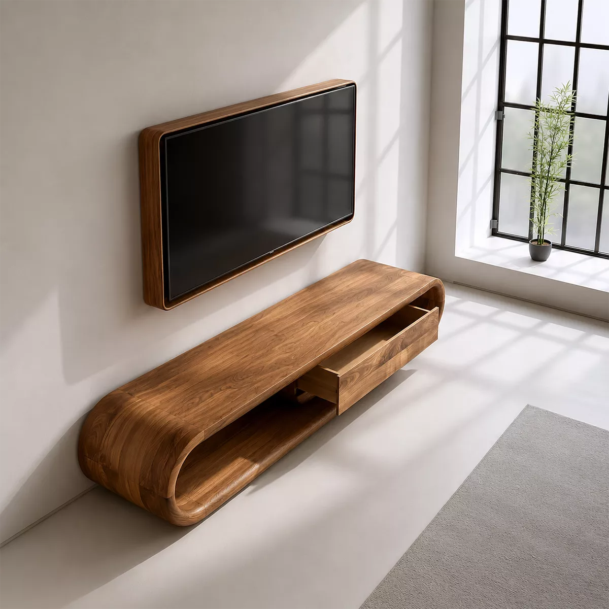 Sculptural Solid Wood TV Stand With Rounded Frame And Pull Out Drawer For Living Room