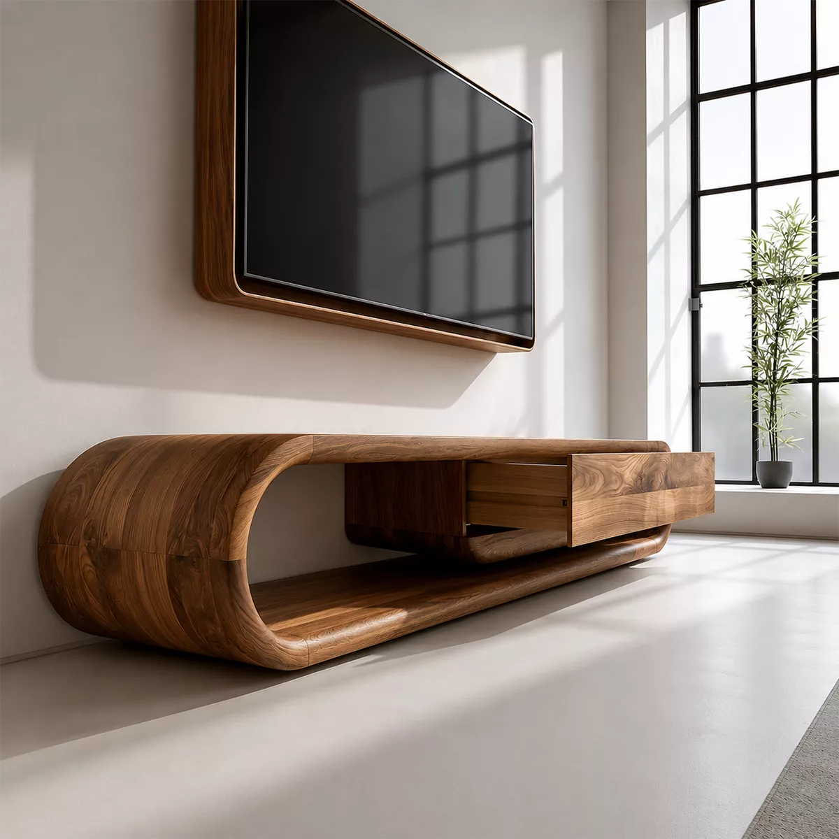 Sculptural Solid Wood TV Stand With Rounded Frame And Pull Out Drawer For Living Room