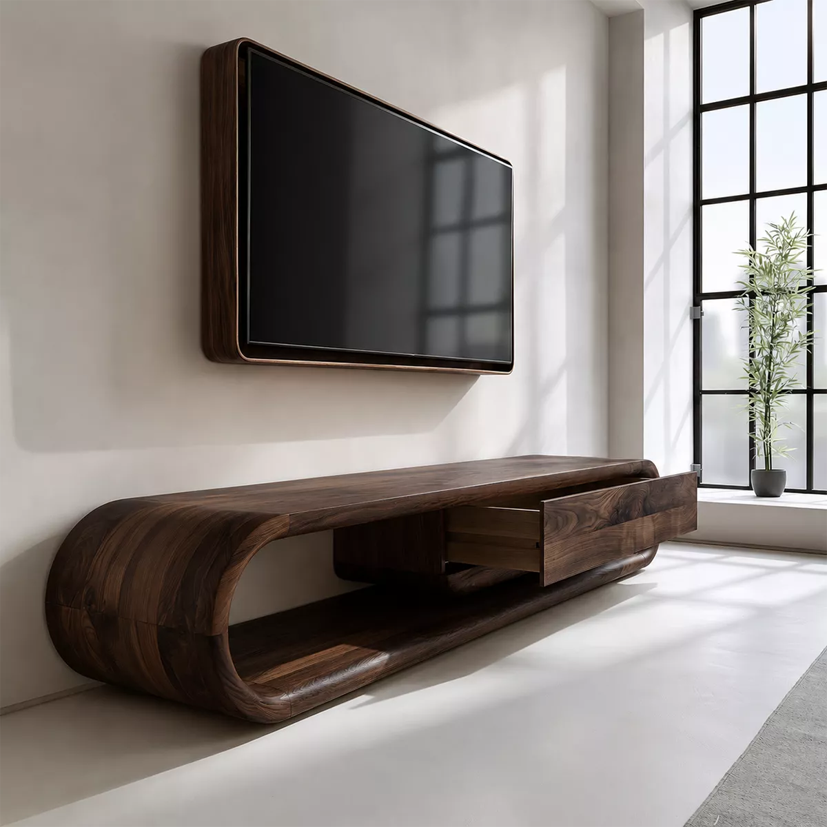 Sculptural Solid Wood TV Stand With Rounded Frame And Pull Out Drawer For Living Room