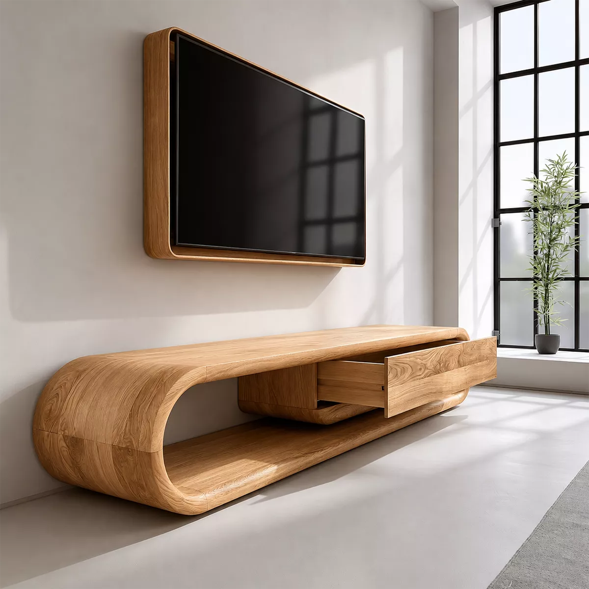 Sculptural Solid Wood TV Stand With Rounded Frame And Pull Out Drawer For Living Room