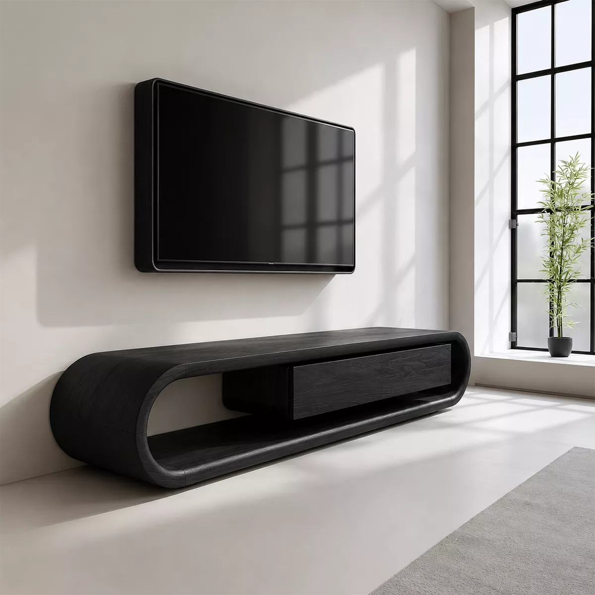 Sculptural Solid Wood TV Stand With Rounded Frame And Pull Out Drawer For Living Room