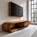 Sculptural Solid Wood TV Stand With Rounded Frame And Pull Out Drawer For Living Room