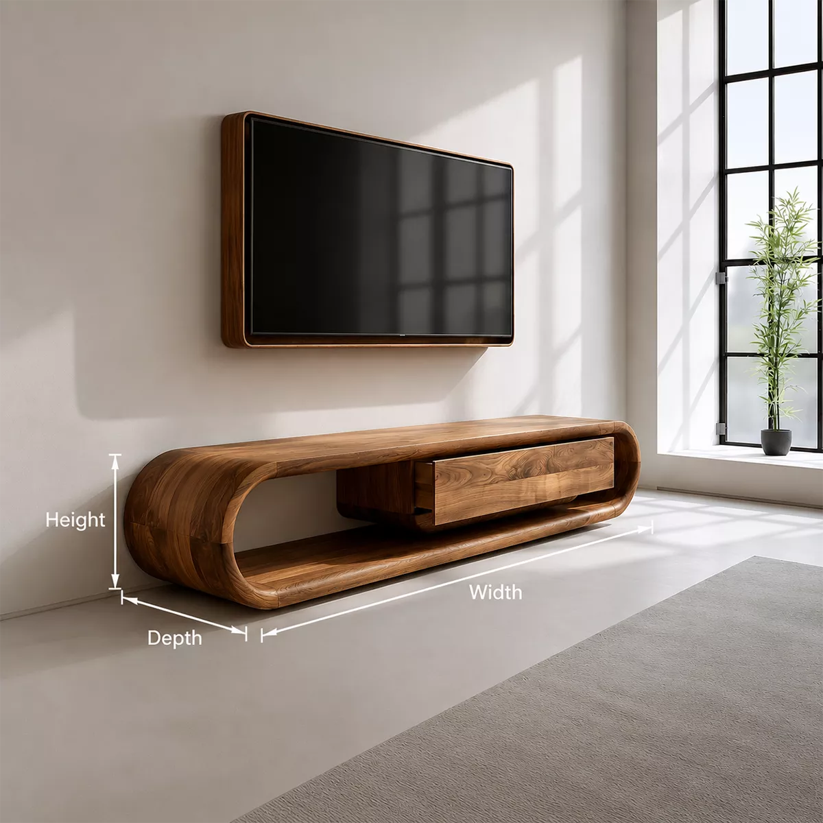 Sculptural Solid Wood TV Stand With Rounded Frame And Pull Out Drawer For Living Room