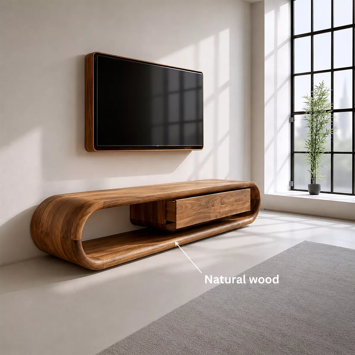 Sculptural Solid Wood TV Stand With Rounded Frame And Pull Out Drawer For Living Room