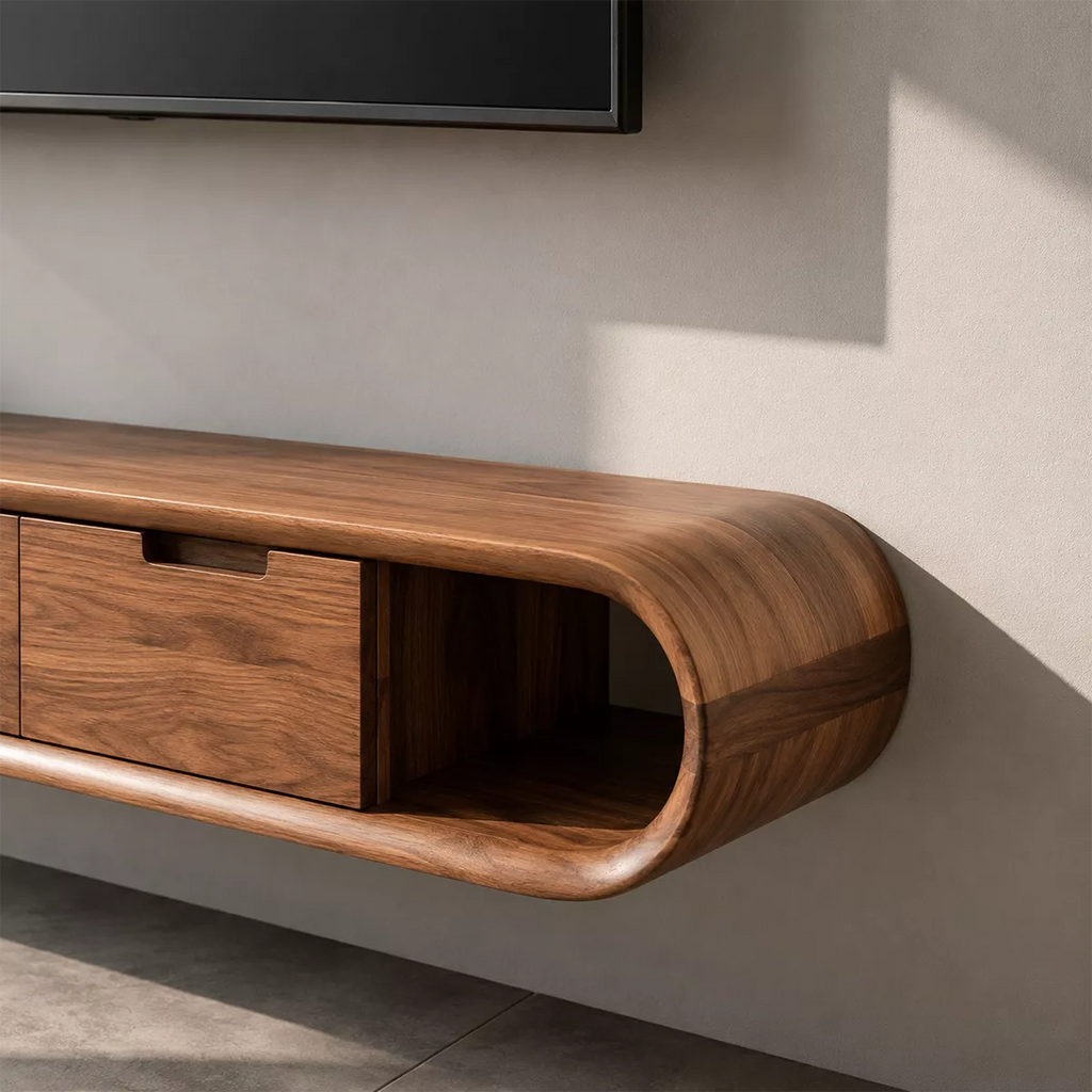 Floating Solid Wood TV Stand With Rounded Capsule Frame, Open Side Storage And Hidden Drawers For Living Room