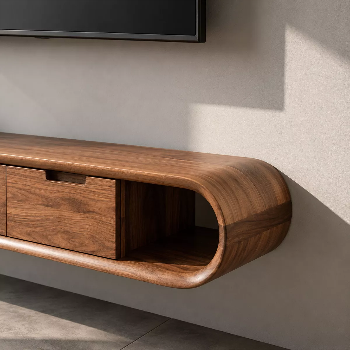 Floating Solid Wood TV Stand With Rounded Capsule Frame, Open Side Storage And Hidden Drawers For Living Room