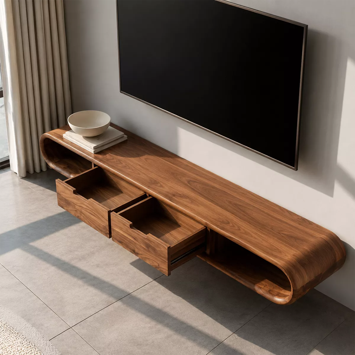 Floating Solid Wood TV Stand With Rounded Capsule Frame, Open Side Storage And Hidden Drawers For Living Room