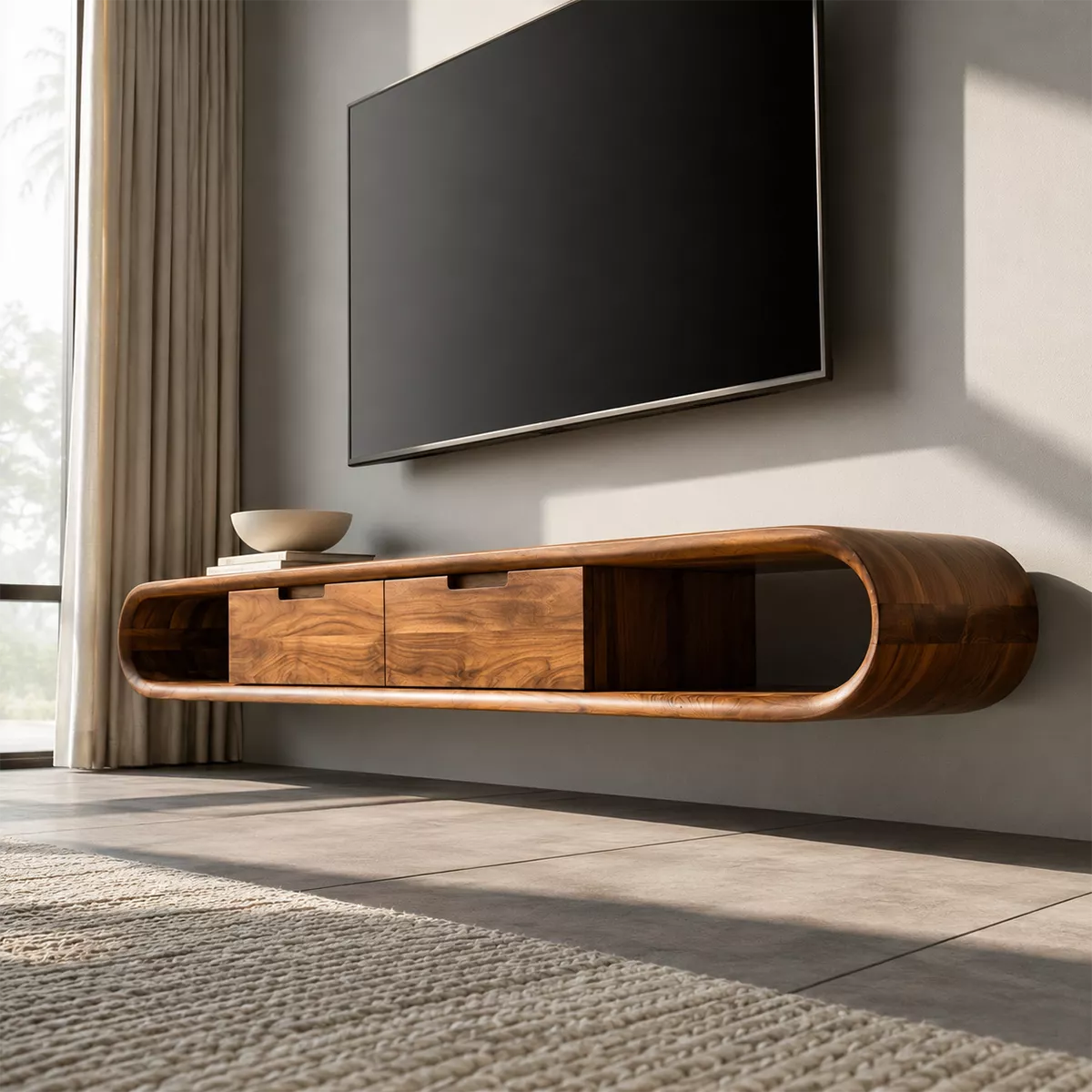 Floating Solid Wood TV Stand With Rounded Capsule Frame, Open Side Storage And Hidden Drawers For Living Room
