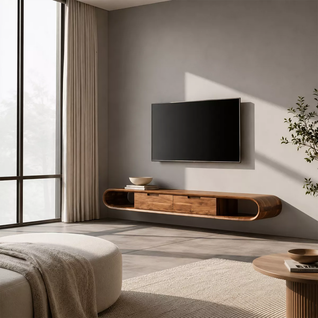 Floating Solid Wood TV Stand With Rounded Capsule Frame, Open Side Storage And Hidden Drawers For Living Room