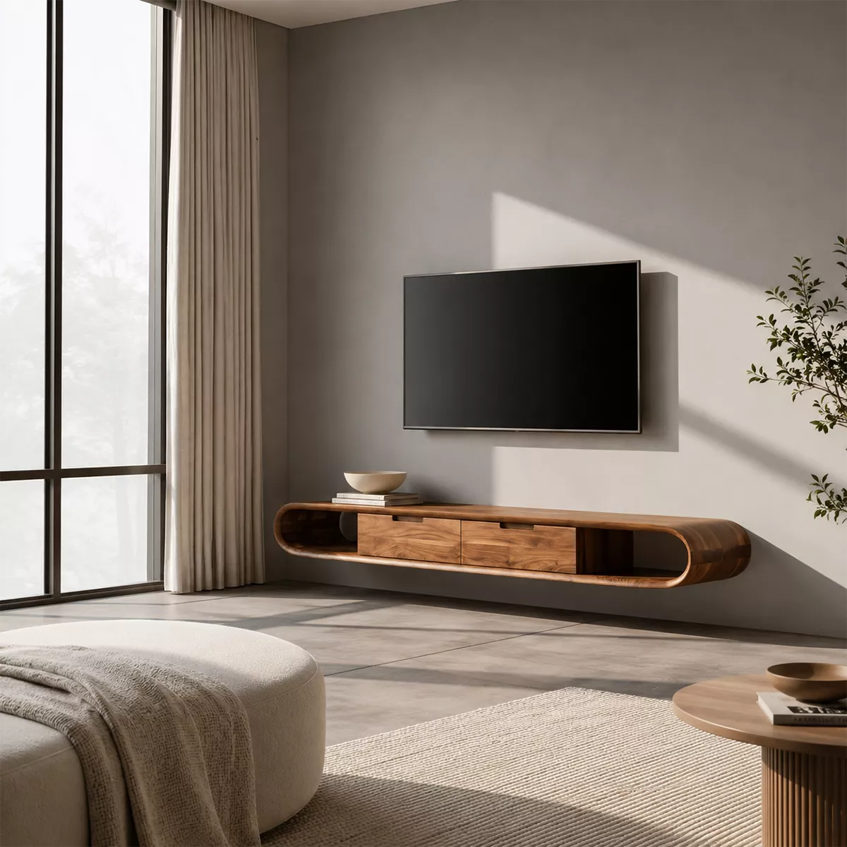 Floating Solid Wood TV Stand With Rounded Capsule Frame, Open Side Storage And Hidden Drawers For Living Room