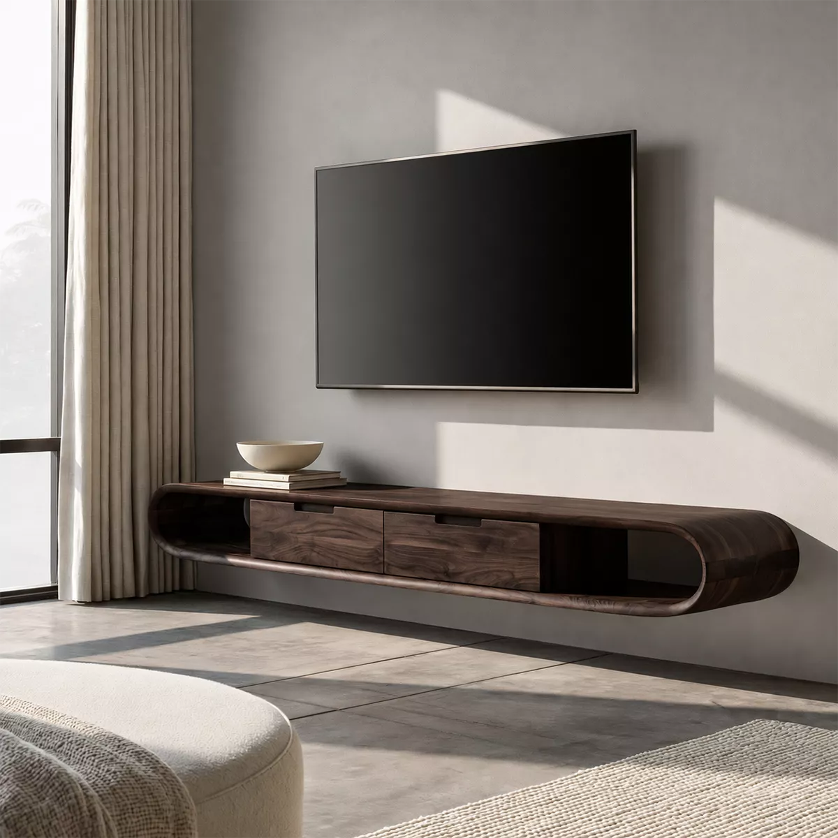 Floating Solid Wood TV Stand With Rounded Capsule Frame, Open Side Storage And Hidden Drawers For Living Room